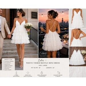 Lulus Women L White Tiered Ruffle Mini Dress Bridal Courthouse Wedding. Romantic